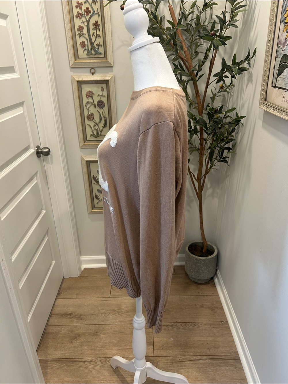 Celine Taupe Crewneck Sweater with White Raised Logo - Picture 4 of 6